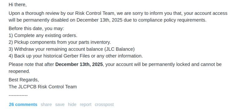 JLCPCB Locking Accounts, Mentions “Risky IP Addresses, Activities”